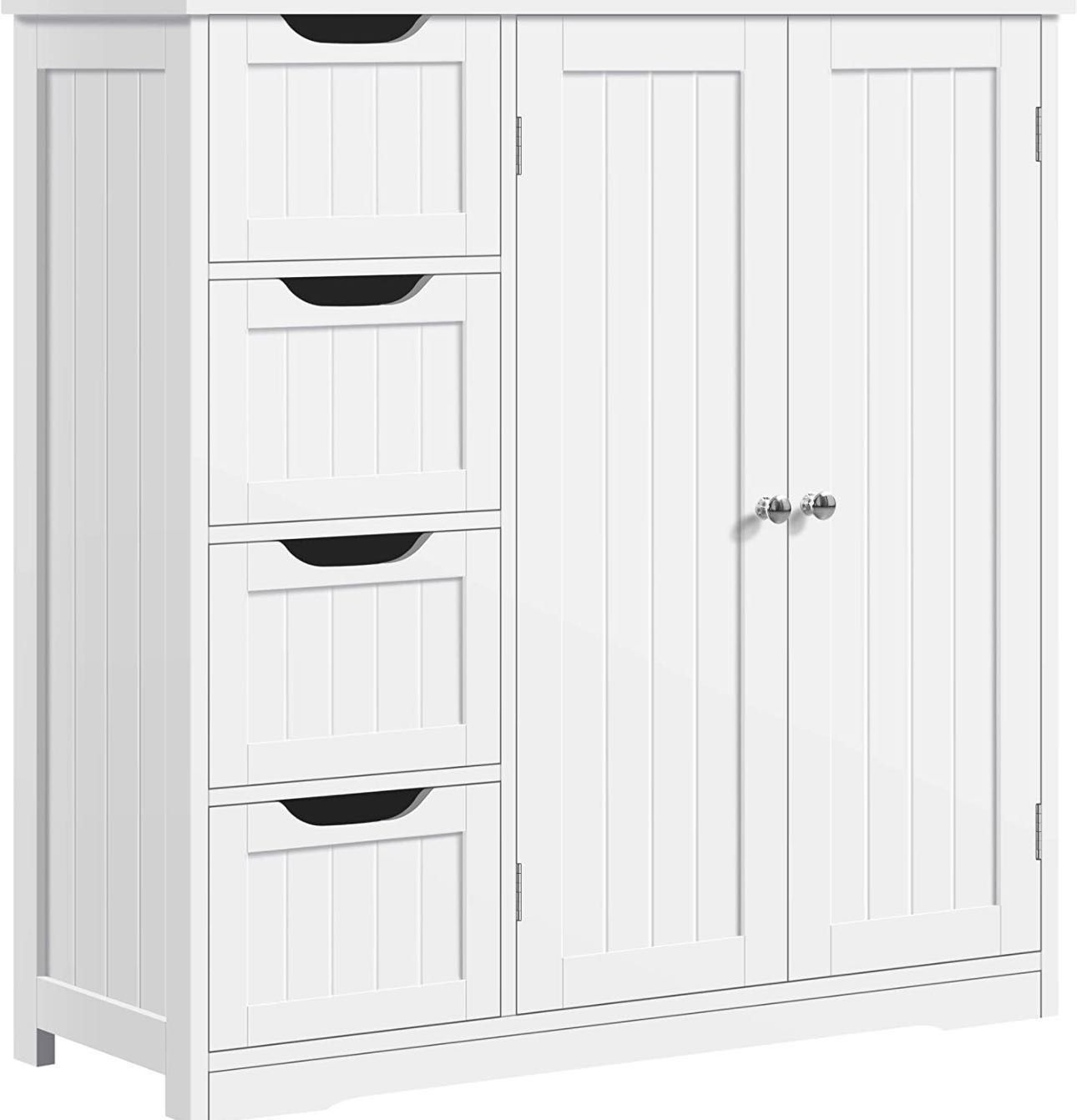 Wooden Bathroom Floor Cabinet, Side Storage Organizer Cabinet with 4 Drawers & Double Doors, Freestanding Entryway Storage Unit Console Table, Bathroo