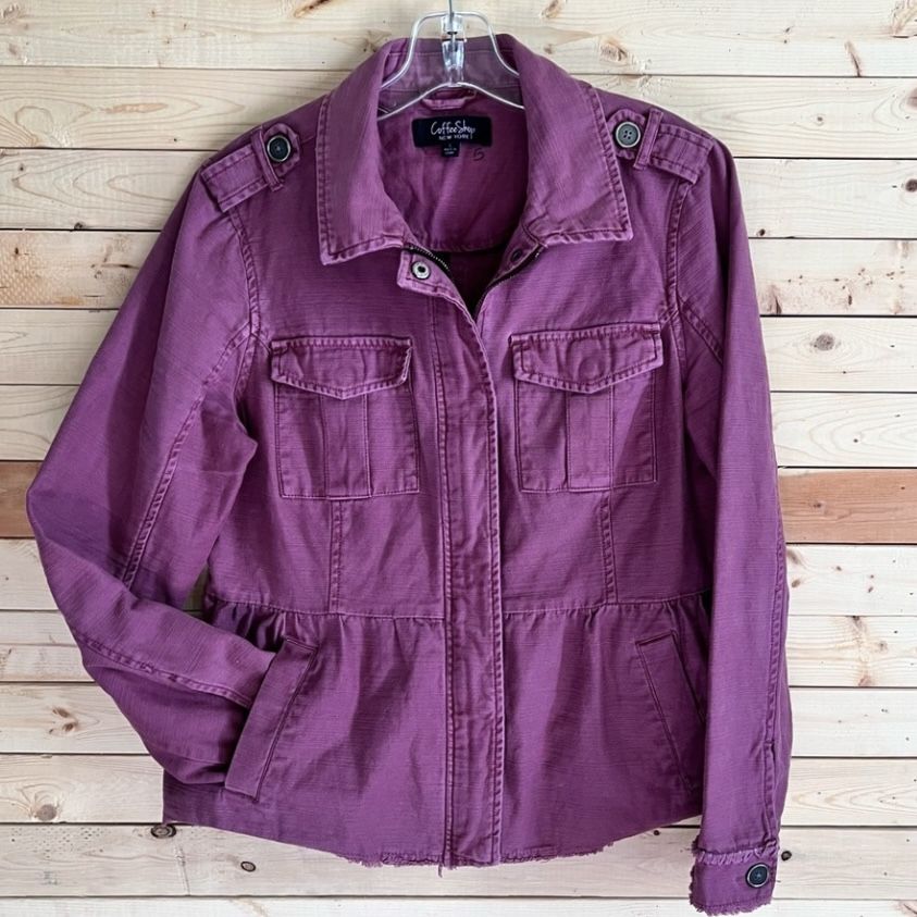 COFFEESHOP New York Purple Zipper Snap Button Front Ruffles Back Jacket size L