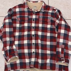 L.L. Bean Flannel Shirt Jacket XL Red Blue Plaid Fleece Lined Heavy Button Up