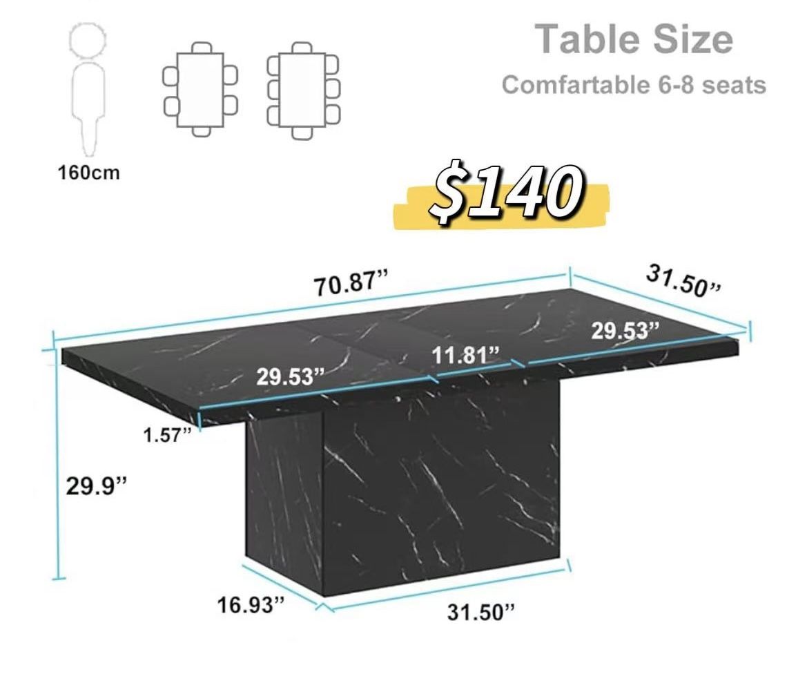 😀 71” Black Dining Table for 6-8, Rectangle Modern Faux Marble Dinner Table, Large Dining Room Table for Kitchen Living Room, Industrial Wood Kitchen