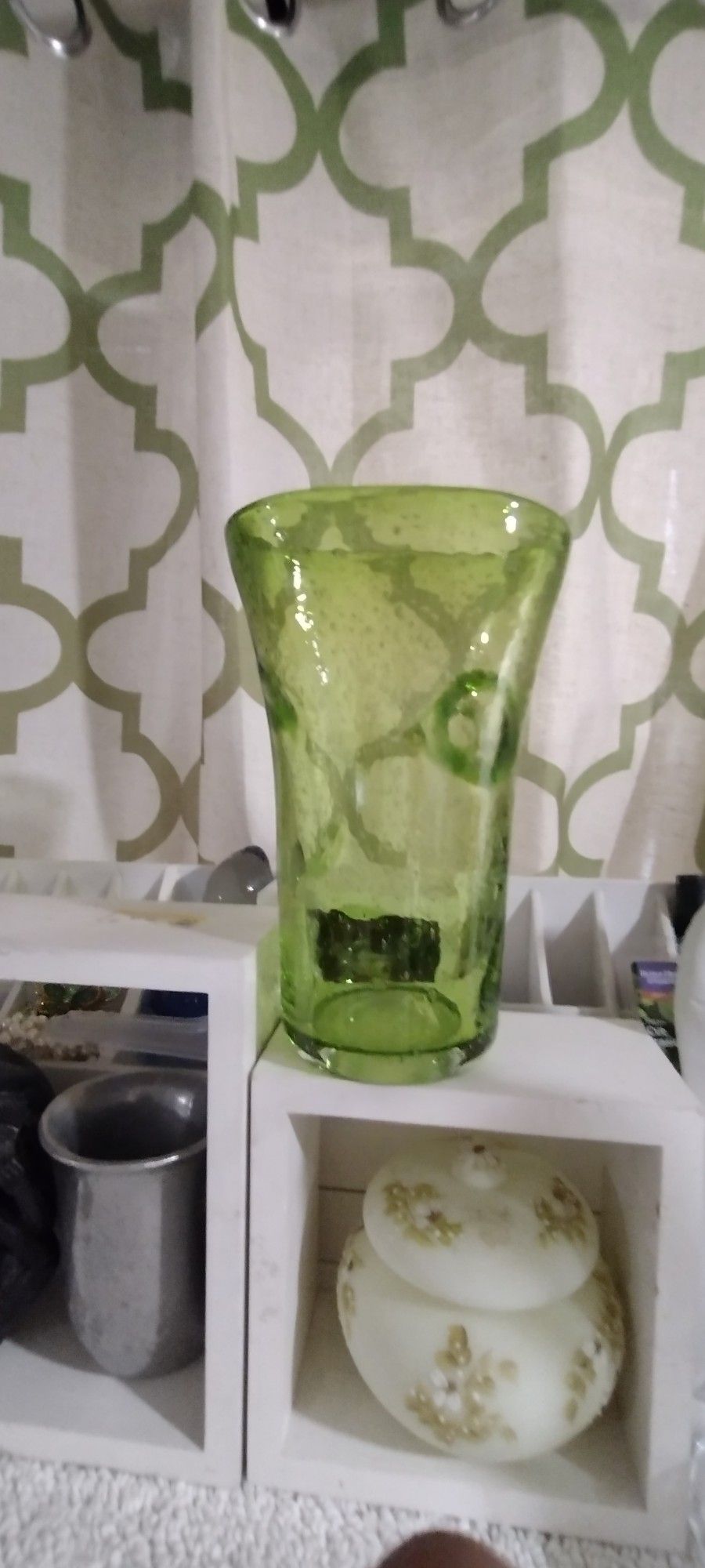 Vtg 1970s Green Art Glass Vase Controlled Bubble Modern Style of Murano