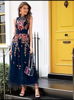 Full embroidery dress navy blue L size but fit to M