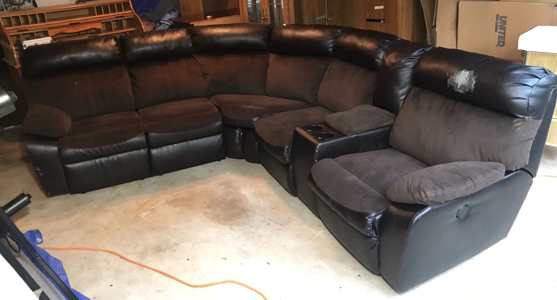 2 Piece Sectional Dual Power Recline Two Tone Pleather & Fabric Couch w/ Cup Holders & Storage Sofa
