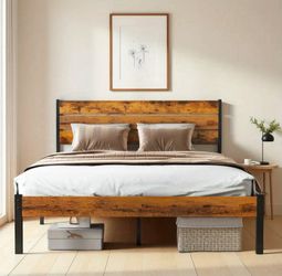 Metal Bed Frame with Headboard, Queen Size, No Box Spring Needed, Features Sturdy Slats to Support 800 Lbs, Rustic Brown. NEW