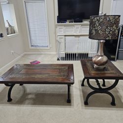 Solid wood & stone rectangular Cocktail Table & Side Table with Lamp