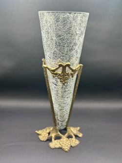 Vintage, Crackle Vase With Brass Grape Stand 