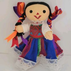 Handmade 6" Mexican Rag Doll Movable Arms + Legs Black Hair + Eyes EUC