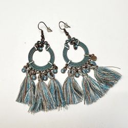 Boho Tribal Dangle Tassel Earrings Turquoise Blue Bronze