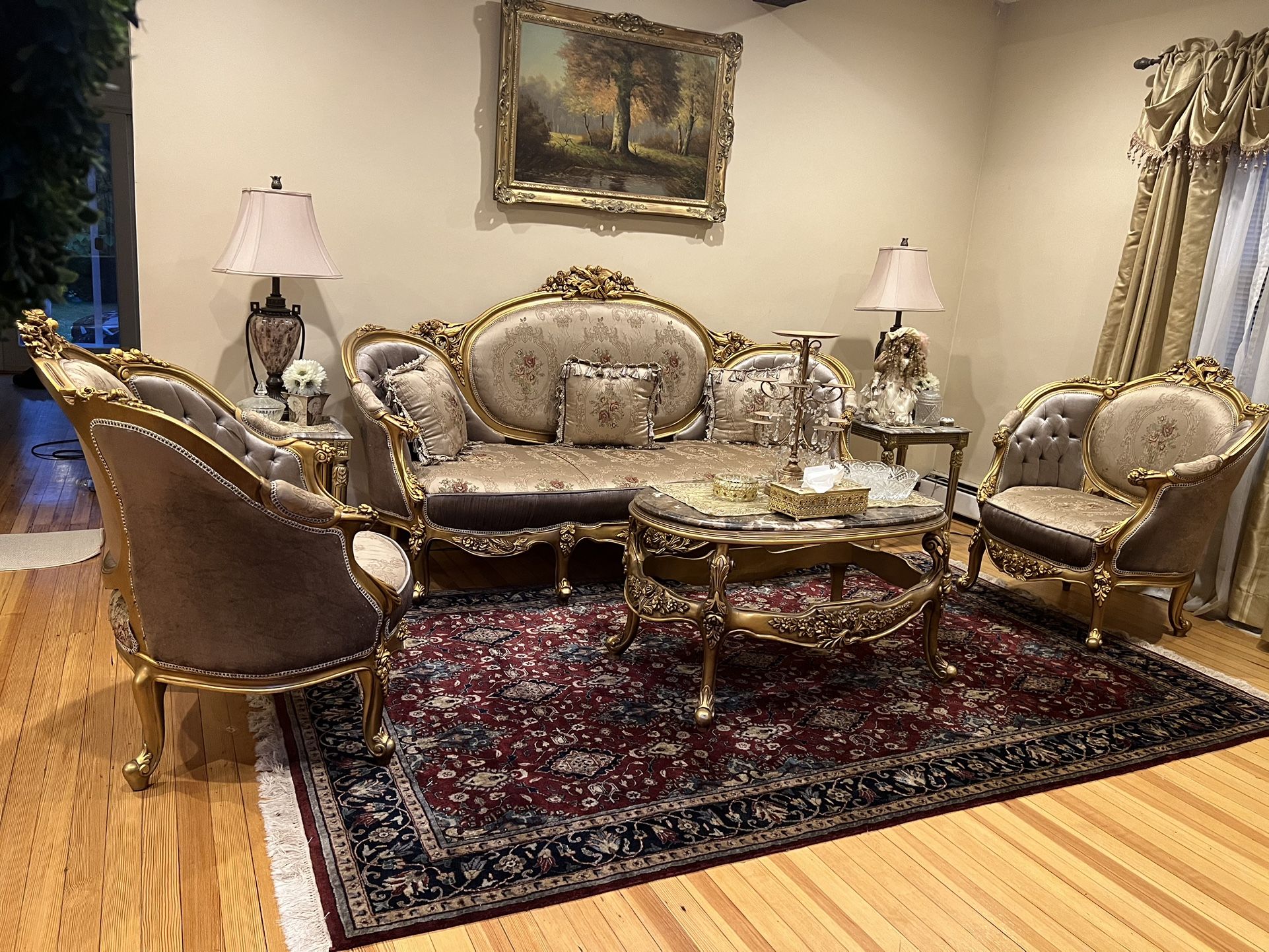 Exquisite 7-Piece Imperial Gold & Marble Living Room Set - Like New! 🔥💛