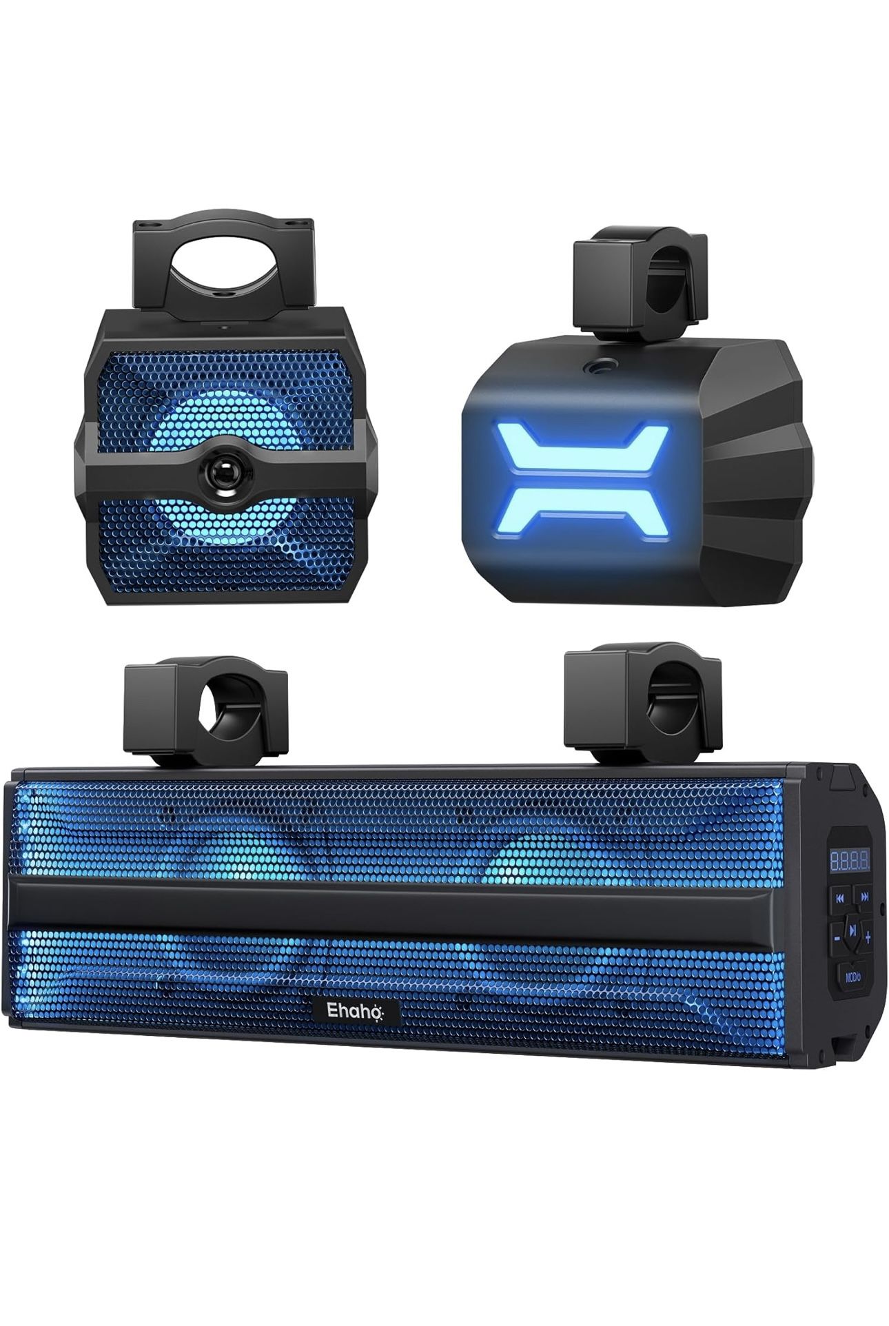 Ehaho 2.1CH Stereo UTV Sound Bar (Subwoofer) and Speakers, 17 Inch Bluetooth ATV Soundbar with RGB Lights, Waterproof