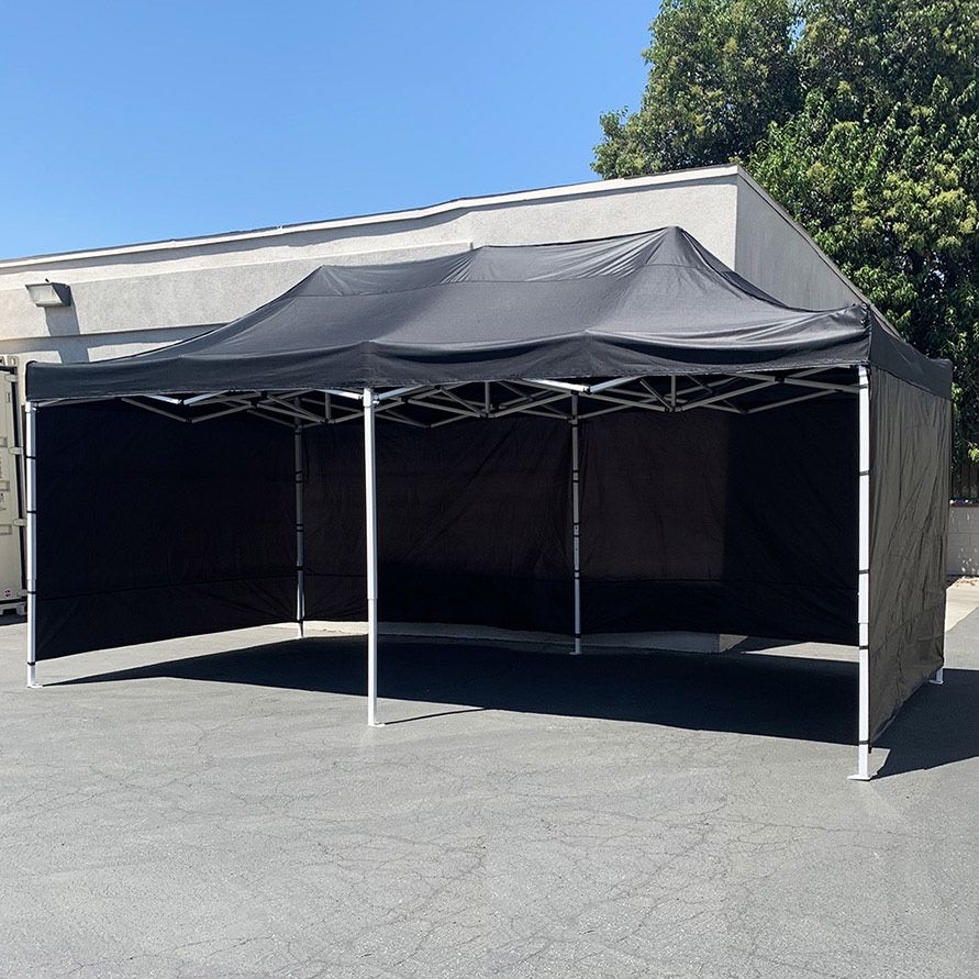 (New) $240 Black Heavy-Duty 10x20 ft Canopy Ez Pop Up Tent w/ 4 Sidewalls 