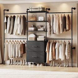 NEW ONBRILL T2 Wall Mounted Industrial Pipe Clothing Rack, Closet Organizers and Storage System with 2 Drawers, 6 Wooden Shelves & 4 Expandable Rods, 