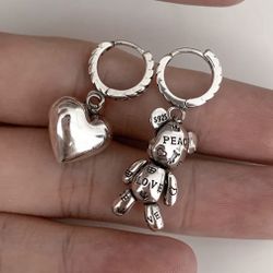 Silver Heart Bead Dangle Hoop Earrings 