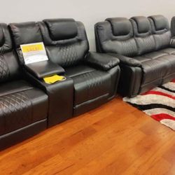 Holiday sale. Santiago, black leather reclining sofa and loveseat set only $1199. Easy finance option. Same-day delivery.