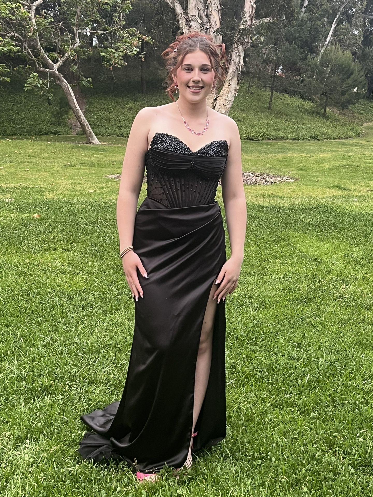 Black Corset Silk Slit Prom Dress