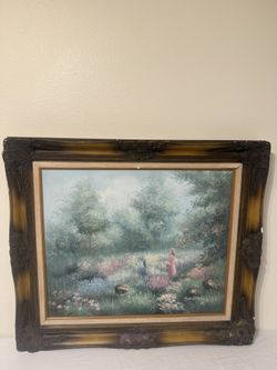 Large Vintage Oil Painting “Stephanie” by Joan Retz – Ornate Wood Frame, Original Artwork
