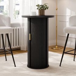 36" Tall Round Bar Table, Black Tambour Dining Table with Three-Layer Storage Shelf.