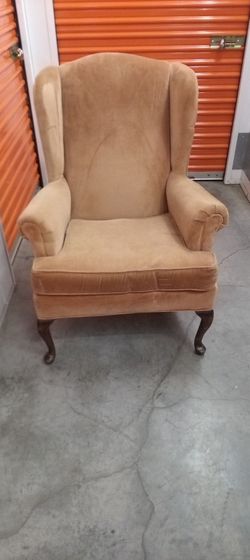 ​Vintage Tan Velour Wingback Armchair – Queen Anne Style