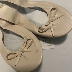 Women’s 7/8 Cinderollies Ballet Foldable Cream Flats W Bow And Pouch