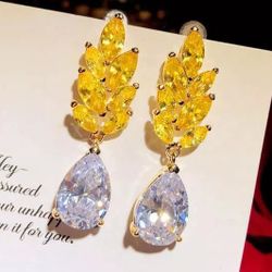 Beautiful Water Drop Hollow Brilliant Leaf Yellow Pear Silver Drop Earrings. 