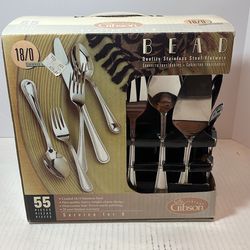 The image features a Gibson Everyday 55-piece flatware set in the "Bead" pattern
