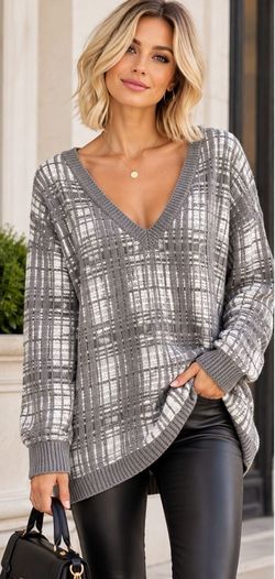 Women's Gray Ivory Plaid V-Neck Oversized Knit Sweater Long Sleeve Tunic Cotton