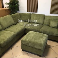 Gorgeous! 4-pc Sectional Sofa With Ottoman Sage Green Corduroy 