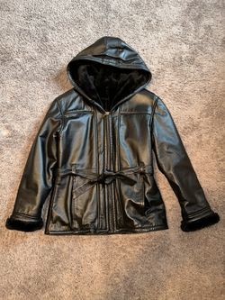 Wilson's Leather Coat Faux Fur Lined Hooded Zipper Black Jacket Medium
