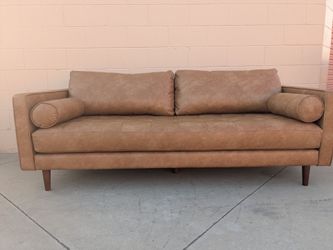Mid-Century Modern Tan Leather Sofa