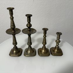 Set of 4 Brass Candlesticks Etched Designs