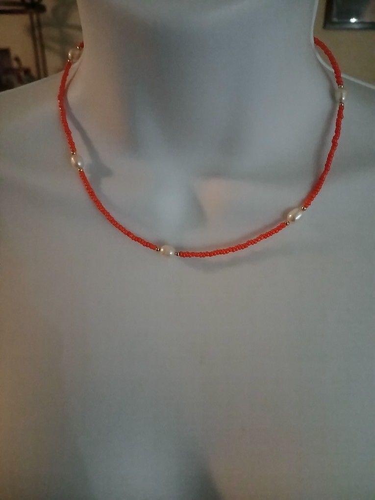 Orange Small Beaded With 5 Pearls Necklace