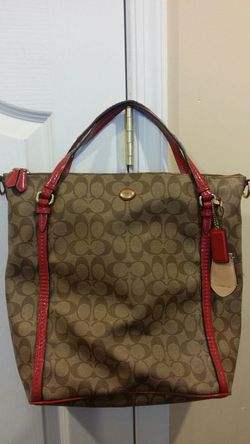 COACH PEYTON SIGNATURE Pocket Large Tote Khaki/Red Patent Leather trim