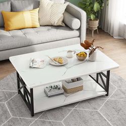 Faux Marble Coffee Table for Living Room with Round Corners,2 Tier Living Room Table with Storage Shelf,Rectangular Coffee Table Center Tabl
