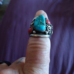Turquoise And Coral 925 Sterling Silver 9 1/2