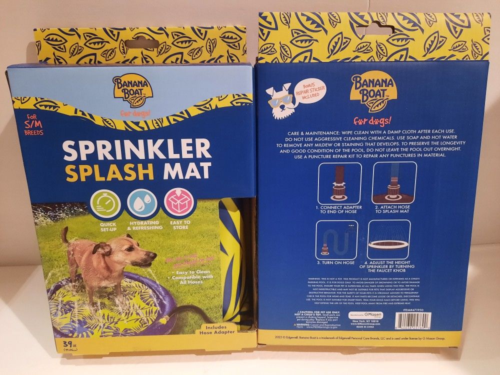 (1) Banana Boat Sprinkler Splash Mat for S/M Breed Dogs 34 Inch