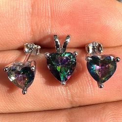 Heart Jewelry Set 925 Sterling Silver Rainbow Topaz CZ Pendant and Stud Earrings Gift for Her Matching Jewelry