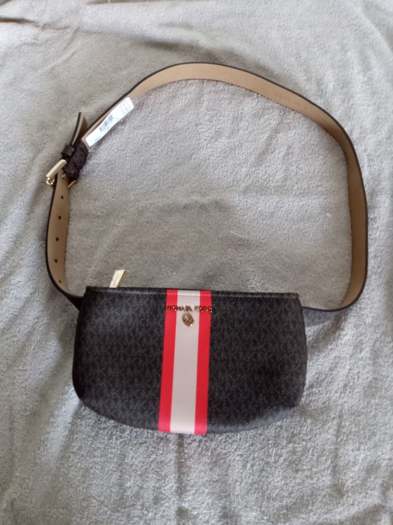 Michael Kors Brown Belt Bag Red Striped MK Jet Logo Womens S-M Waist Pack NEW