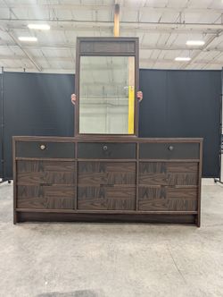 Geometric Pattern Dark Wood Dresser with Mirror