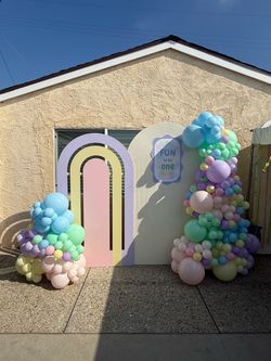 Pastel 1st Birthday Backdrop with Balloon Garlands