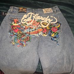 Ed Hardy Blue Jeans Baggy Light Wash Painted Tattoo Tiger Koi Fish