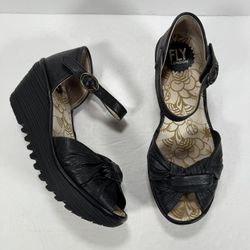 Fly London Black Leather Open Toe Ankle Strap Wedge Sandals Women Size 7