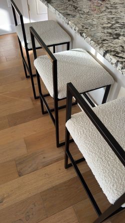 Rove Concepts Parson Counter Stools – Set of 3 – Pearl Bouclé – Black Metal