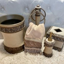 Bed Bath WBeyond Bathroom Accessories Set Beige Nude Tan Towel Hand Towel Lotion Garbage Can Tissue Towel Holder