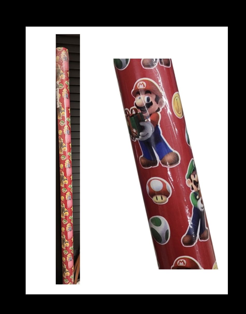 SUPER MARIO BROS Brand New With Tag 1 Roll 65 Sq Ft Holiday Christmas Wrapping Paper Red Premium Heavy Weight Gift Wrap