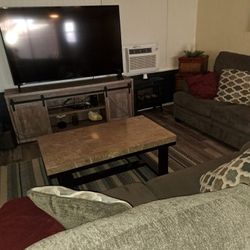 5 Piece Living Room Set  Two Couches, Table, TV Stand & 65 In TV