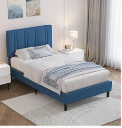 Twin Bed Frame for Kids with Upholstered Headboard, Blue linen fabric headboard, wooden slat support, no box spring required, upholstered platform des