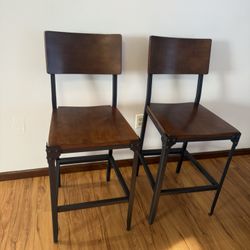Set of 2 Counter Height Bar Chairs Brown Wood Seat Black Metal Frame 