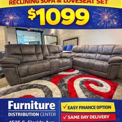 Barcelona, gray reclining sofa and loveseat set only $1099. Easy finance option. Same day delivery.