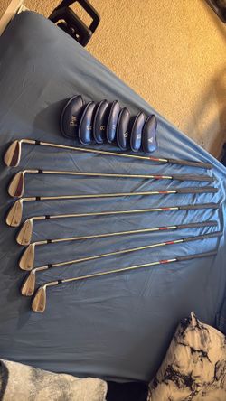 Golf clubs with covers.