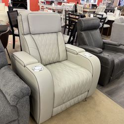 Gray Leather Power Recliner w/Ambient Blue LED Lighting